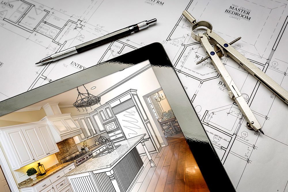 computer tablet showing kitchen Illustration Sitting On House Plans with pencil and compass