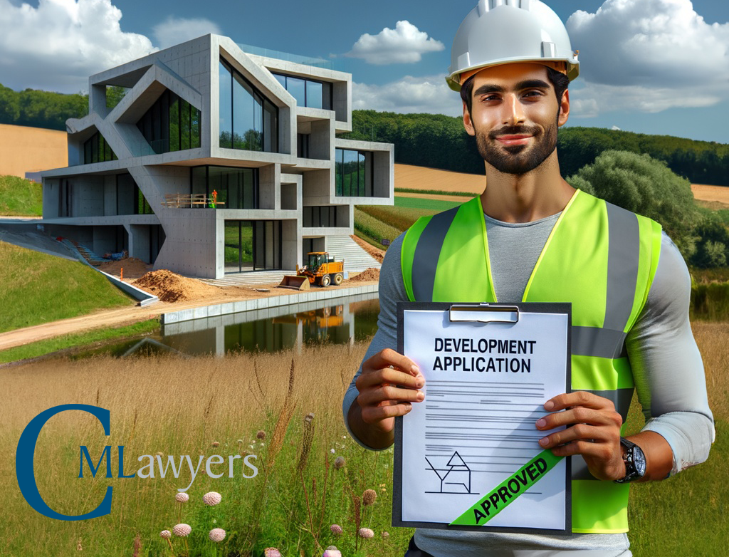 Construction worker holding a paper that says development application approved. 